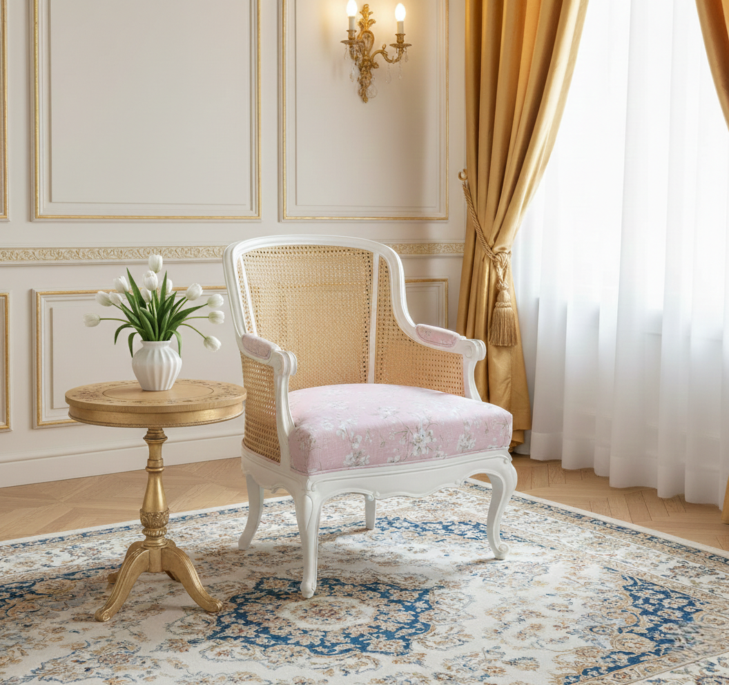 GHẾ ARMCHAIR TÂN CỔ ĐIỂN PHÁP TỰA LƯNG ĐAN MÂY